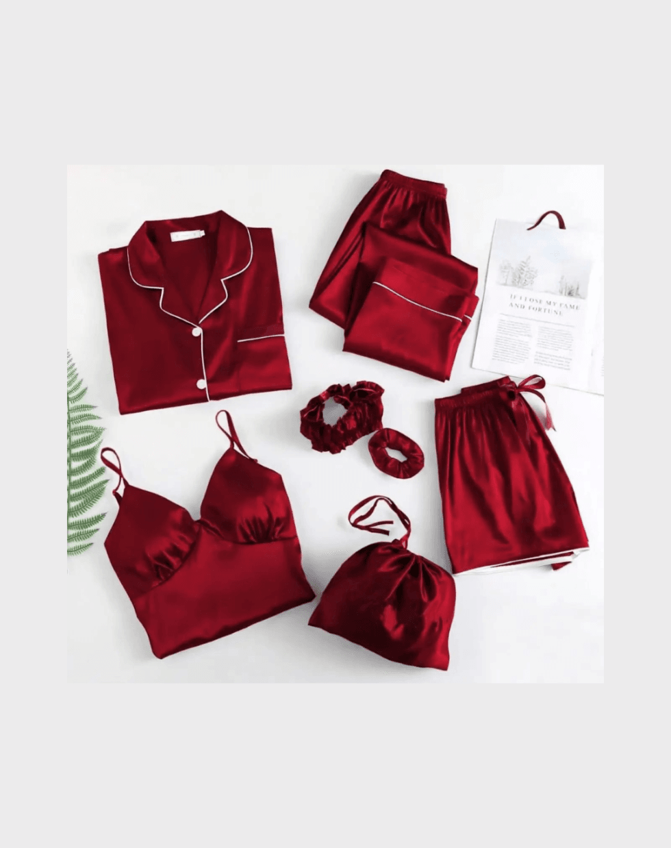 Glamours Libaas 7-Piece Shamose Silk Nightwear Set – Piping Work Shirt, Trouser, Shorts, Inner, Potli Bag, Hairband & Poni