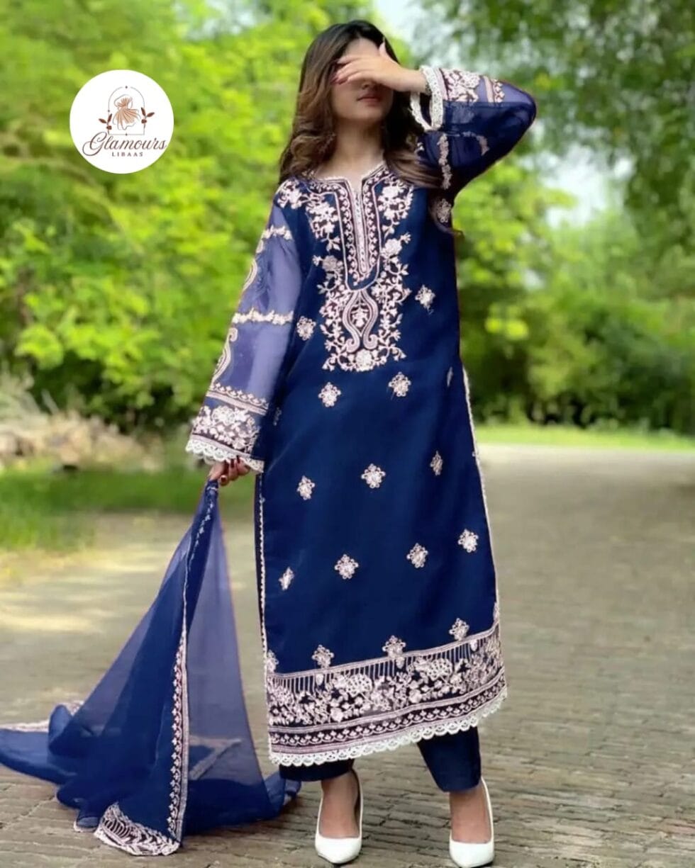 Glamours Libaas Collection 3PC - Heavy Embroidered Organza Long Shirt with Lace Work, Embroidered Dupatta & Crepe Trouser