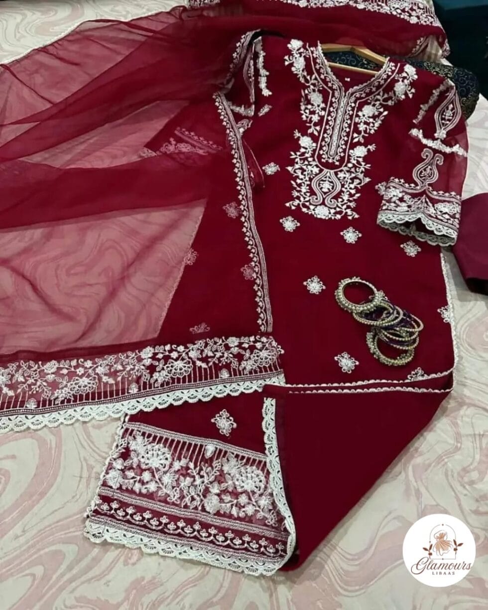 Glamours Libaas Collection 3PC - Heavy Embroidered Organza Long Shirt with Lace Work, Embroidered Dupatta & Crepe Trouser