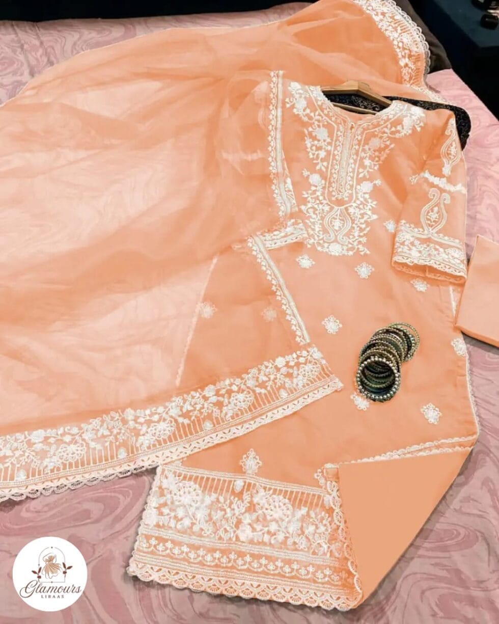 Glamours Libaas Collection 3PC - Heavy Embroidered Organza Long Shirt with Lace Work, Embroidered Dupatta & Crepe Trouser