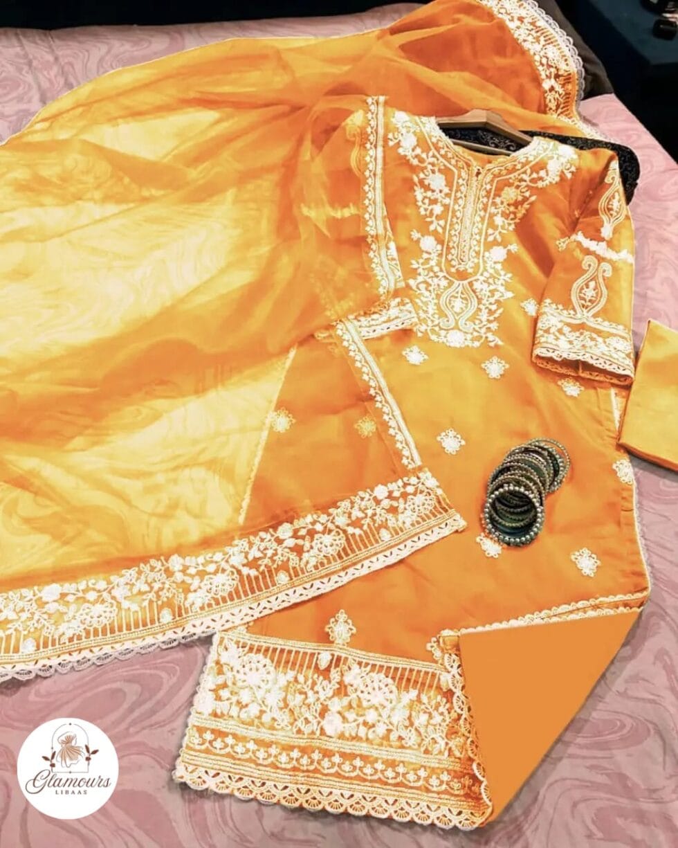 Glamours Libaas Collection 3PC - Heavy Embroidered Organza Long Shirt with Lace Work, Embroidered Dupatta & Crepe Trouser