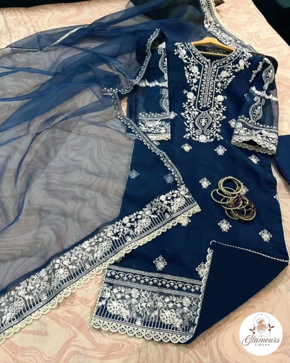 Glamours Libaas Collection 3PC - Heavy Embroidered Organza Long Shirt with Lace Work, Embroidered Dupatta & Crepe Trouser