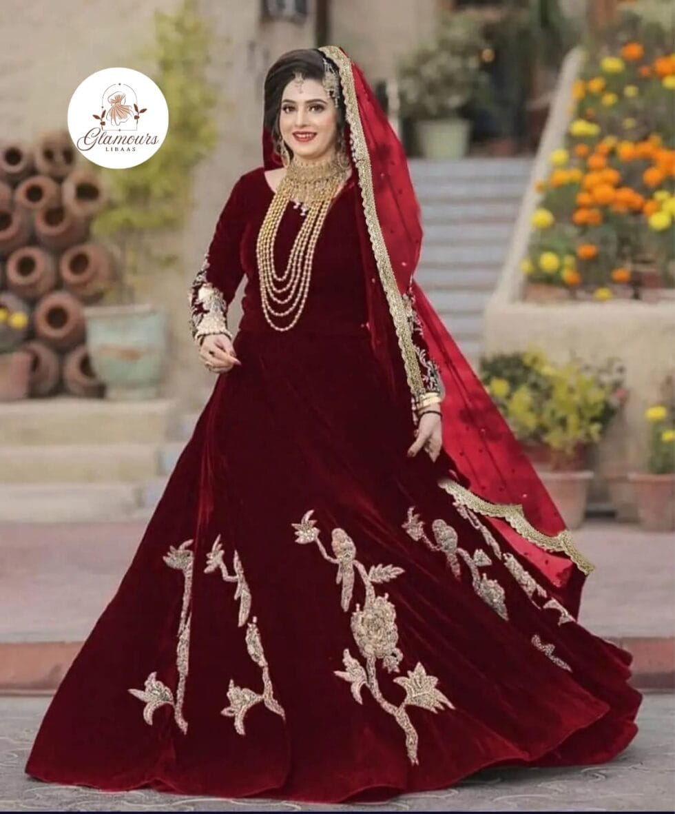 Winter Velvet Maxi Dress 3Pc Set - Border & Sleeve Embroidery with Lace Dupatta | Elegant Women's Outfit