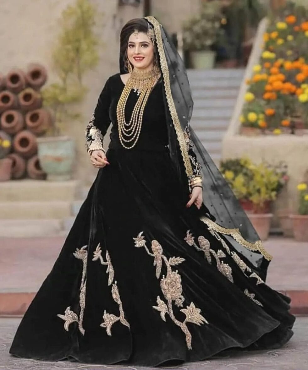 Winter Velvet Maxi Dress 3Pc Set - Border & Sleeve Embroidery with Lace Dupatta | Elegant Women's Outfit