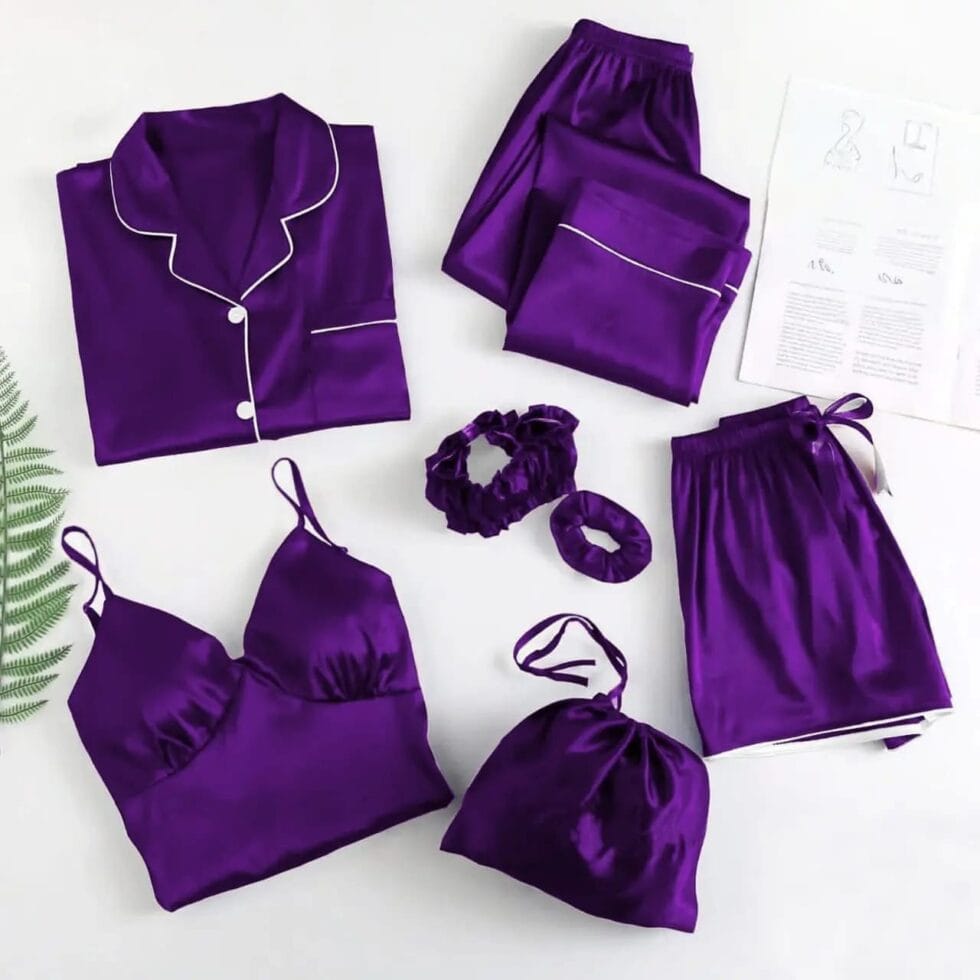 Glamours Libaas 7-Piece Shamose Silk Nightwear Set – Piping Work Shirt, Trouser, Shorts, Inner, Potli Bag, Hairband & Poni
