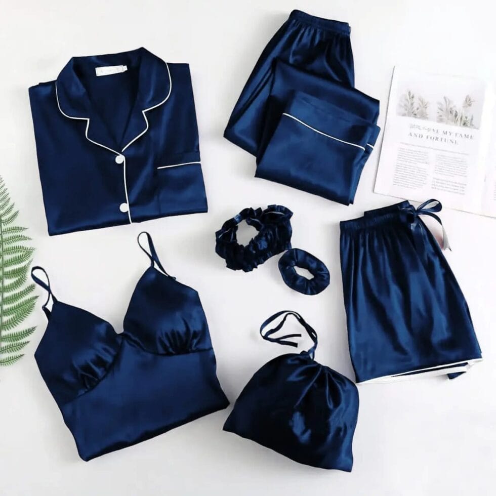 Glamours Libaas 7-Piece Shamose Silk Nightwear Set – Piping Work Shirt, Trouser, Shorts, Inner, Potli Bag, Hairband & Poni